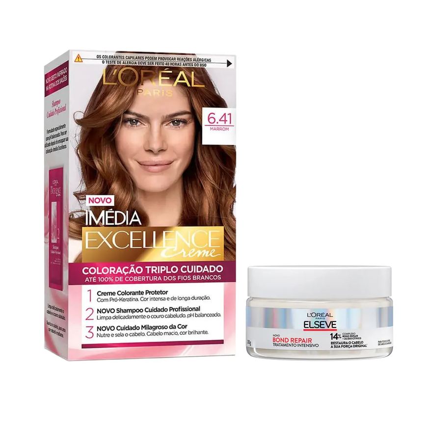 L'Oréal Paris Kit Tinta de Cabelo Permanente Imédia Excellence Creme - 6.41 Marrom + Creme de Tratamento Intensivo Elseve Bond Repair 200g