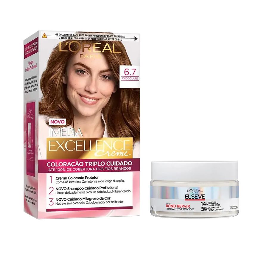L'Oréal Paris Kit Tinta de Cabelo Permanente Imédia Excellence Creme - 6.7 Chocolate + Creme de Tratamento Intensivo Elseve Bond Repair 200g