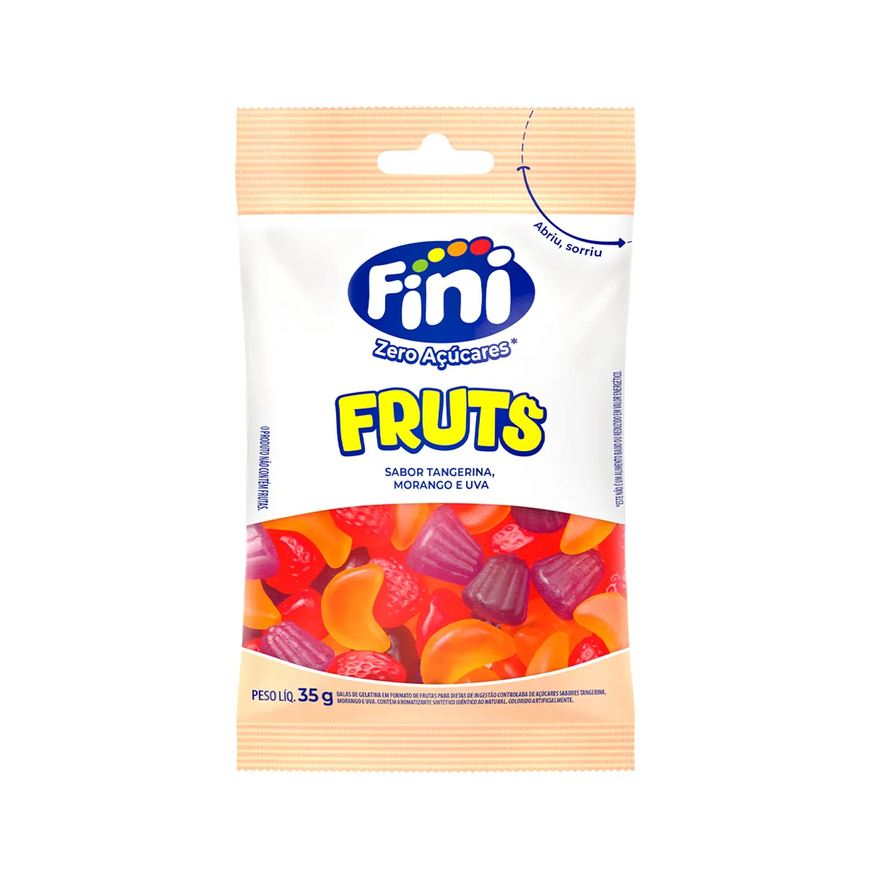 de Balas Gelatina Fini Zero Açúcares Fruts Morango Tangerina e Uva 35g