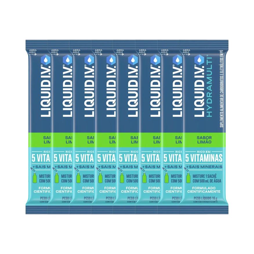 Kit Suplemento Alimentar Pó Liquid I.V. Hydramulti Limão Sachê 16g 8 Unidades