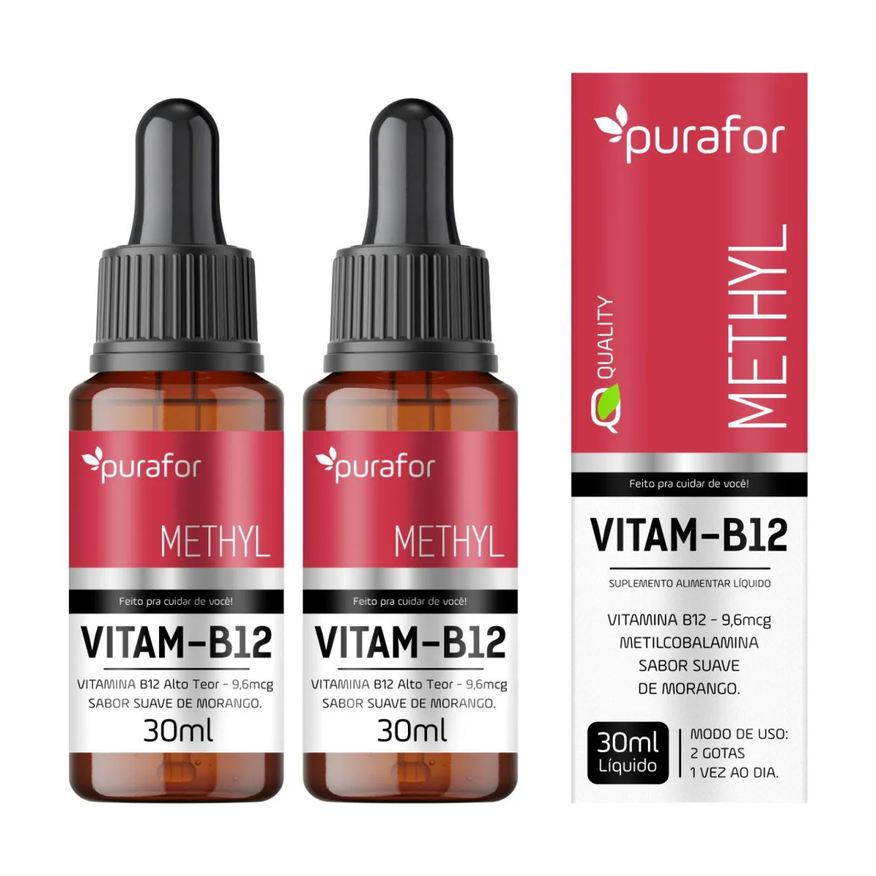 Purafor Kit 2 Vitamina B12 Metilcobalamina 30ml – Sabor Morango, Alta Absorção