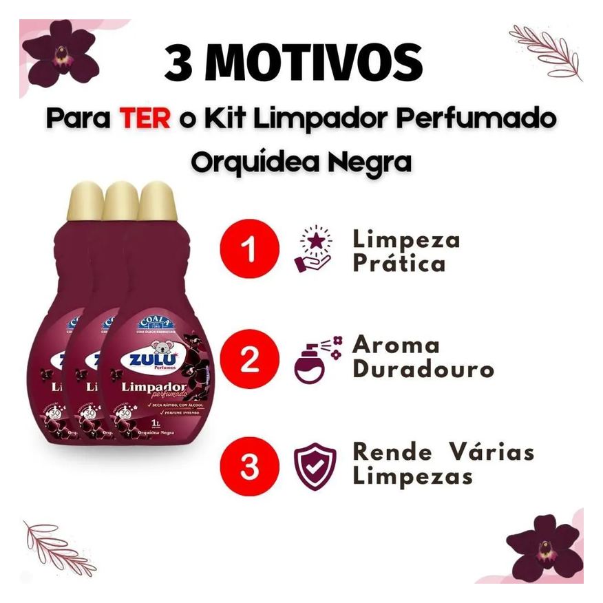 Coala Kit Zulu Perfumes: 3 Limpadores Perfumados Orquídea Negra 1l