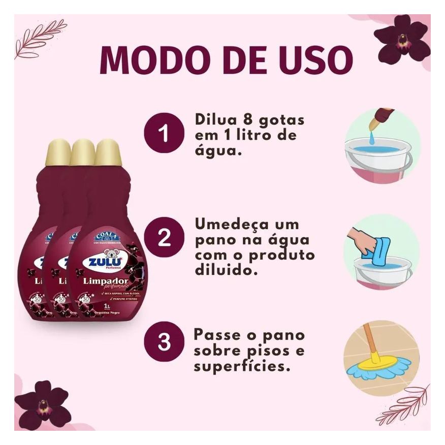 Coala Kit Zulu Perfumes: 3 Limpadores Perfumados Orquídea Negra 1l