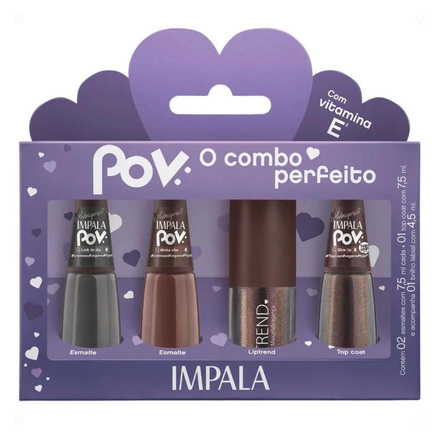 Impala Kit Pov Marcella: 2 Esmaltes, 1 Top Coat e 1 Gloss Labial