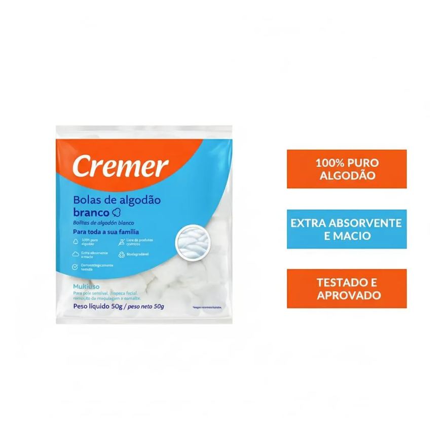 Bola Algodão Branco Cremer 50g Puro Pacote Unhas - Curativo