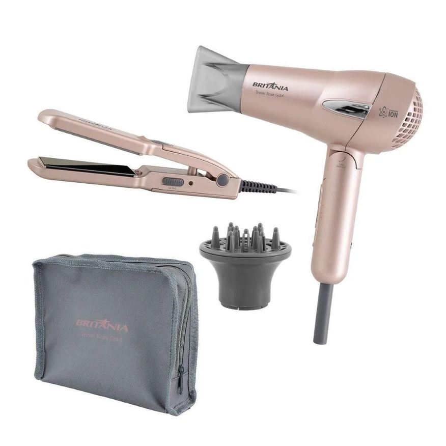 Britânia Kit Beleza Travel Rose Gold Secador Prancha Bivolt