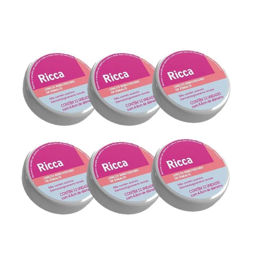 Ricca Kit 6 Lenços Removedor de Esmalte Umedecidos 32Un 4,4Cm