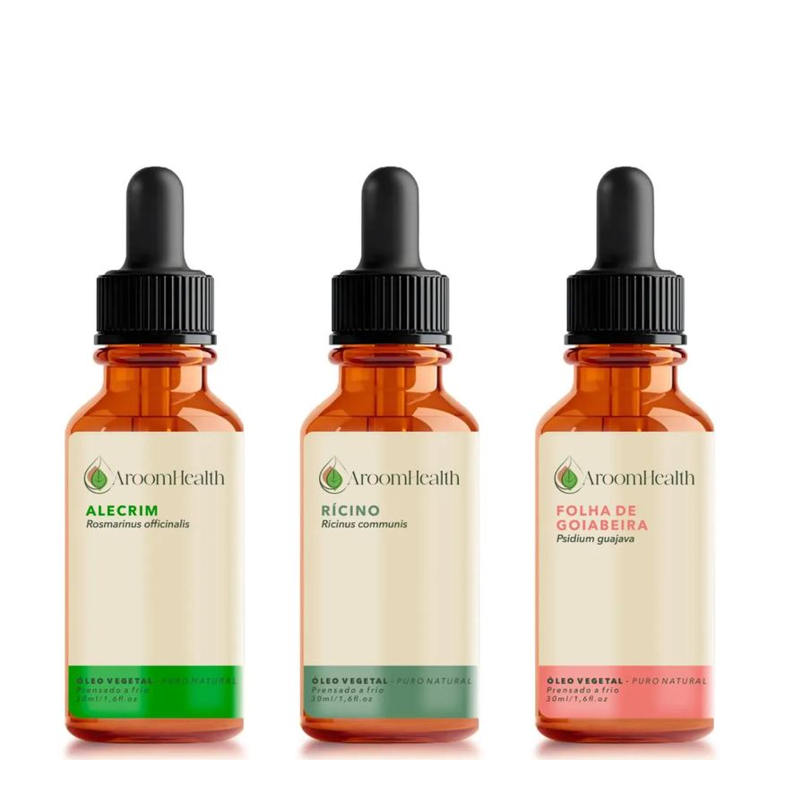 Aroom Health Kit Óleos Vegetais de Alecrim, Folha da Goiabeira e Rícino - 30ml Cada