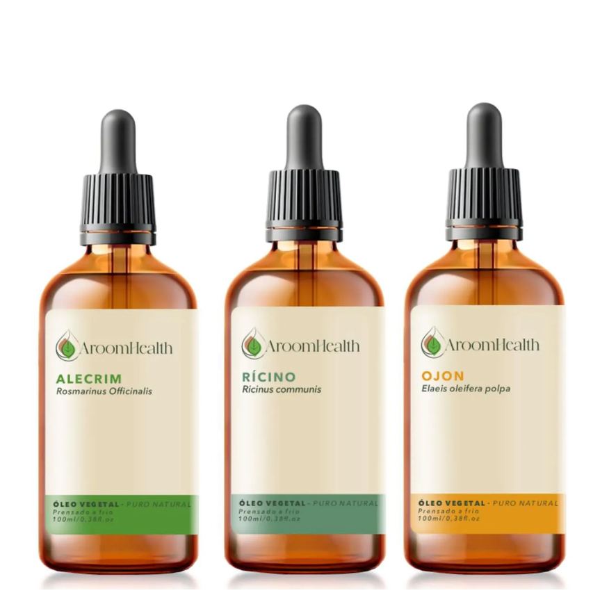 Aroom Health Kit Óleos Vegetais de Alecrim, Ojon Polpa/batana e Rícino -100ml Cada