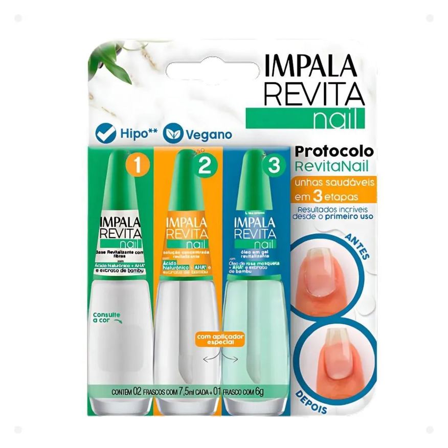 Impala Kit Revita Nail: Base Revitalizante com Fibras, Solução Concentrada e Óleo em Gel