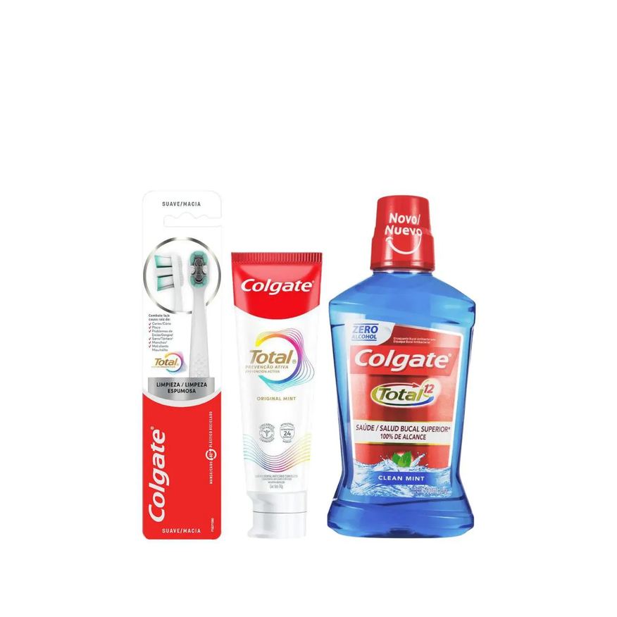 Colgate Kit Total Creme Dental Prevenção Ativa Original Mint 140g + Escova de Dente Macia 2 unidades + Enxaguante Bucal Sem Álcool Clean Mint 500ml