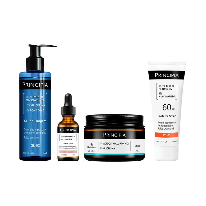 Principia Kit Facial Skincare Protetor Solar PS-01 FPS 60 40ml + Gel de Limpeza Suave GL-02 200g+ Sérum Anti-Idade NC-10 30ml + Gel Hidratante GH-01