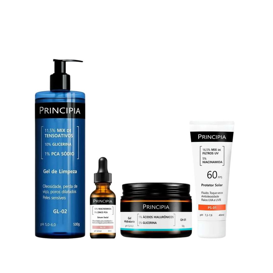 Principia Kit Facial Skincare Protetor Solar PS-01 FPS 60 40ml + Gel de Limpeza Suave GL-02 500g + Sérum Anti-Idade NC-10 30ml + Gel Hidratante GH-01