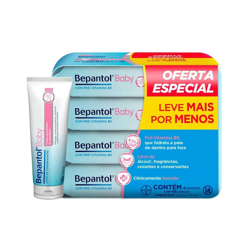 Bepantol Baby Kit Lenço Umedecido Pró Vitamina B5 4 pacotes 48 unidades cada + Creme para Assaduras 120g