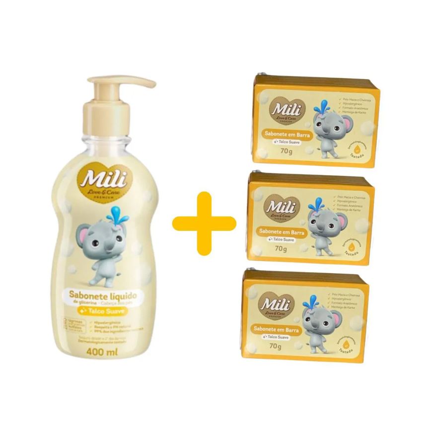 Mili Kit Sabonete Líquido Talco + 3 Sab Barra – Love & Care