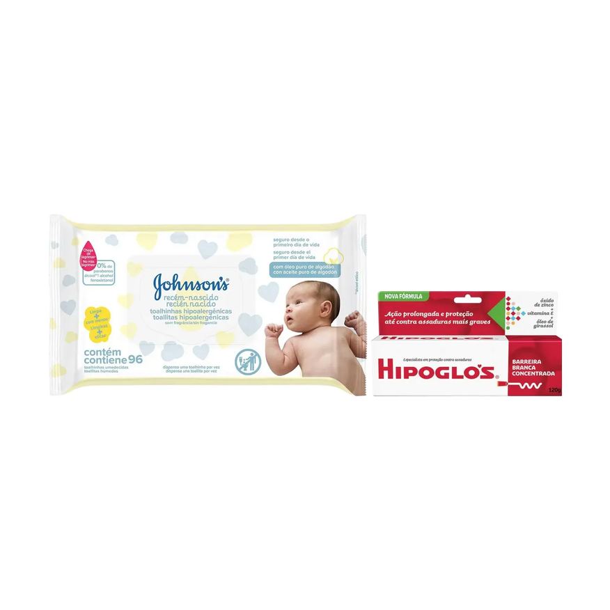 Kit Lenço Umedecido Johnson's Baby Recém-Nascido 96 unidades + Creme para Assaduras Hipoglós Original 120g