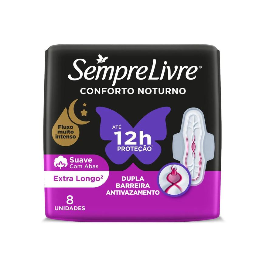 Sempre Absorvente Livre Conforto Noturno Cobertura Suave Com Abas com 8 unidades