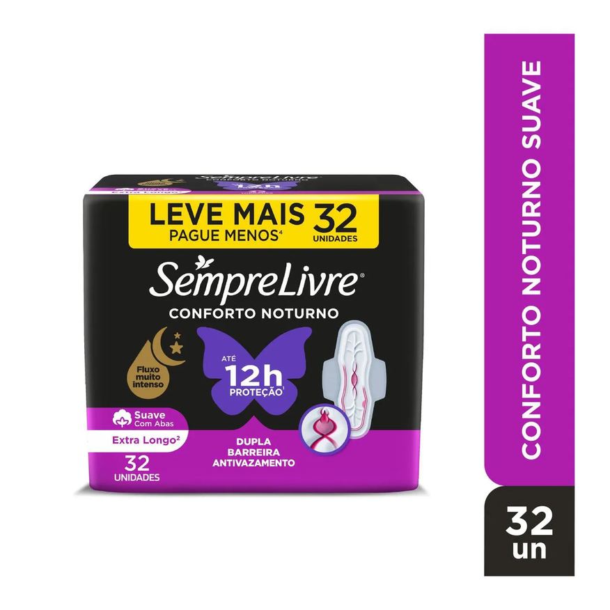 Sempre Absorvente Livre Conforto Noturno Cobertura Suave Com Abas 32 unidades