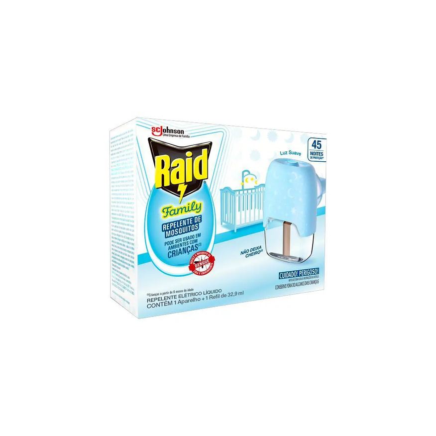 Repelente Pack Elétrico Líquido Raid 45 Noites Family + Refil 32,9ml