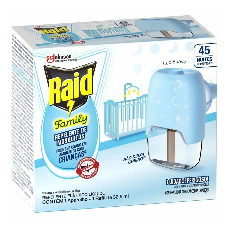 Repelente Pack Elétrico Líquido Raid 45 Noites Family + Refil 32,9ml