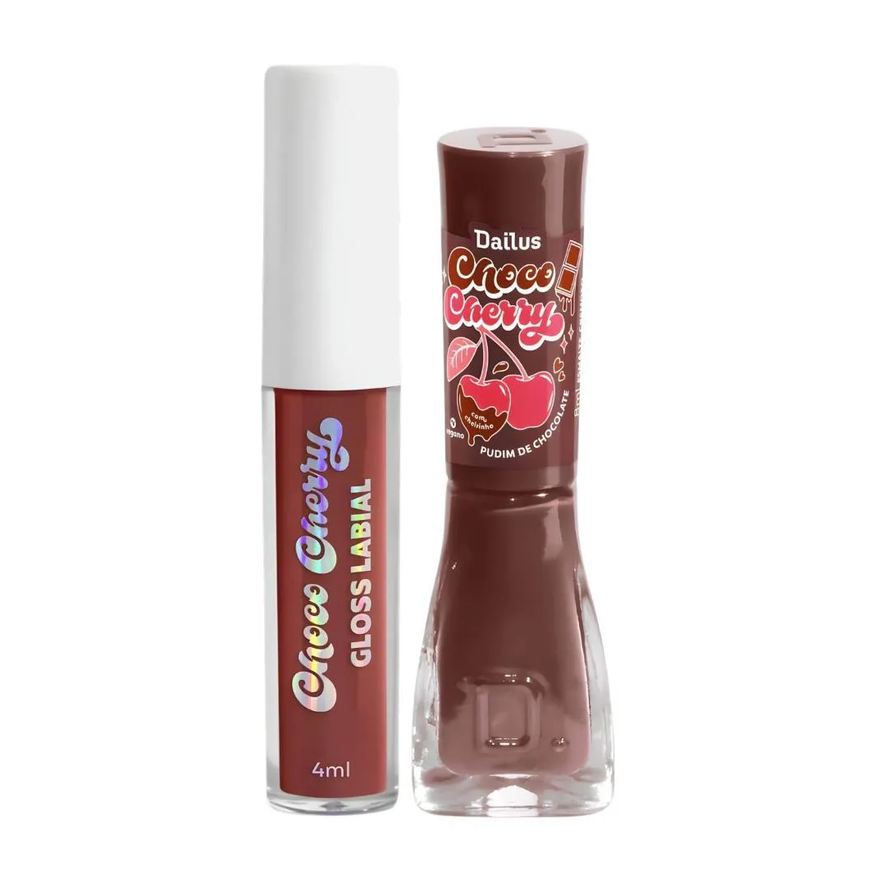 Dailus Kit Choco Cherry Pudim de Chocolate: Gloss Labial 4ml e Esmalte Cremoso 8ml