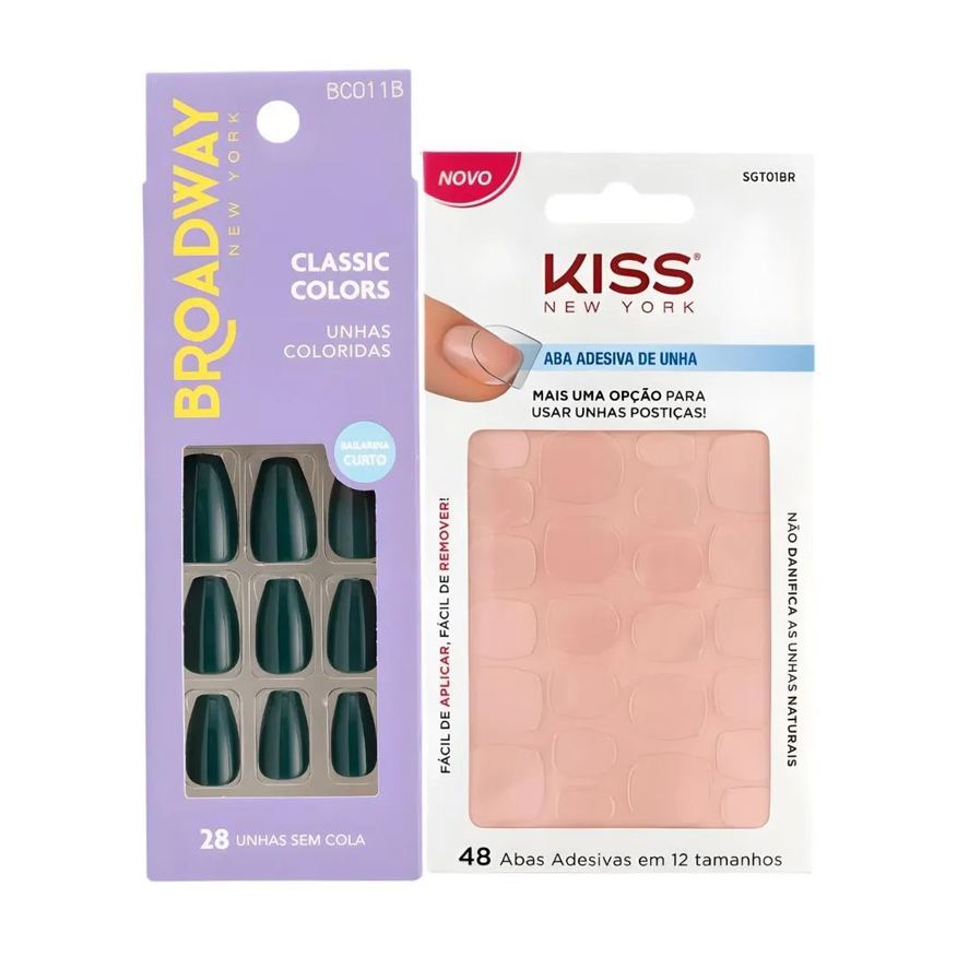 Kiss New York Kit Kiss New York: Unhas Postiças Bailarina Longo Oatmeal e Abas Adesivas de Unhas