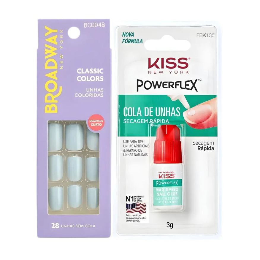Kiss New York Kit Kiss New York: Unhas Postiças Quadrado Curto Lipstick e Cola de Unhas 3g