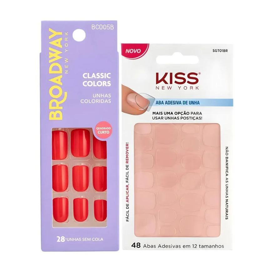Kiss New York Kit Kiss New York: Unhas Postiças Quadrado Curto Vintage e Abas Adesivas Unhas