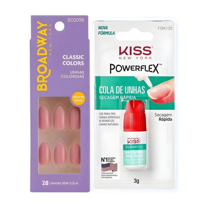 Kiss New York Kit Kiss New York: Unhas Postiças Stiletto Médio Forest e Cola de Unhas 3g