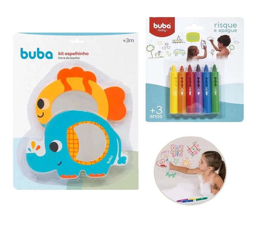 Buba Kit Espelhinhos para Banho 2Und + Giz de Banho Risque e Apague 6 Cores