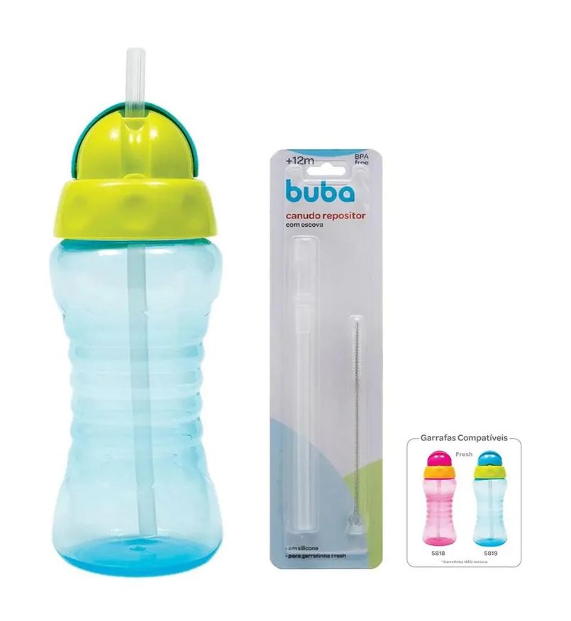 Buba Kit Garrafinha Fresh com Canudo Silicone 300ml + Canudo com Escova