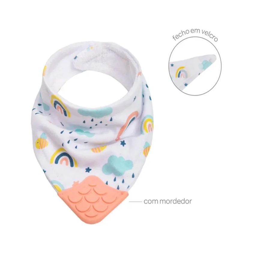Buba Kit Joelheira Infantil Antiderrapante +6M + Babador Bandana C/Mordedor Arco-Íris