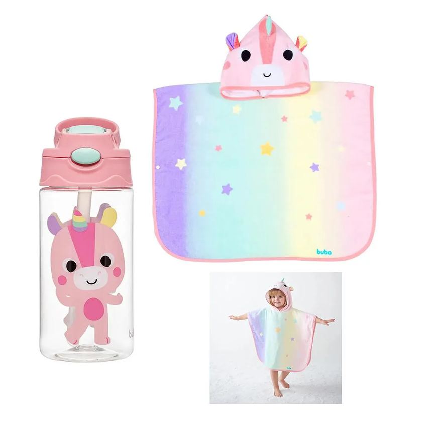 Buba Kit Toalha Poncho + Garrafinha Tritan Canudo 450ml Unicórnio