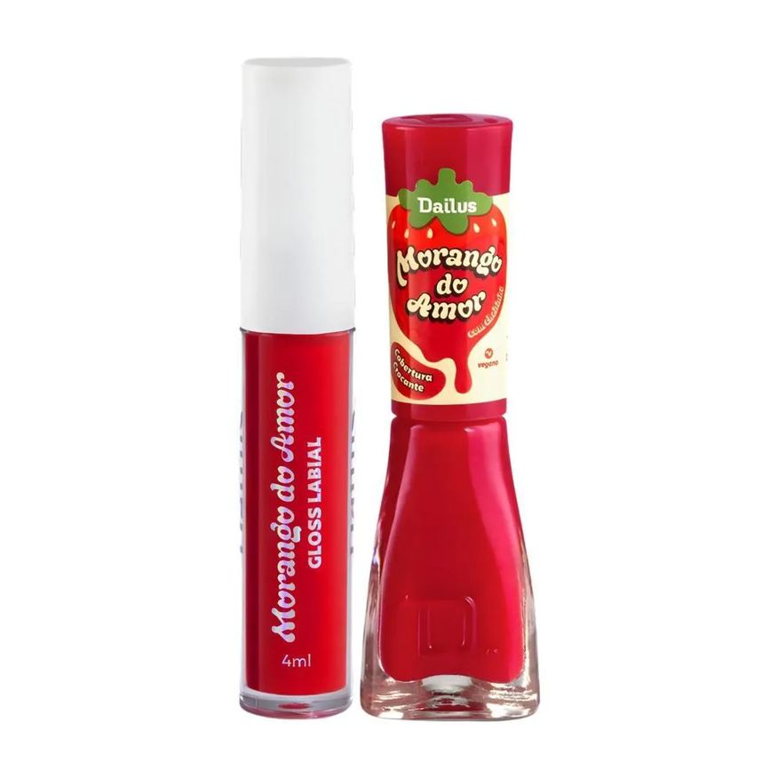 Dailus Kit Morango do Amor Cobertura Crocante: Gloss Labial 4ml e Esmalte Cremoso 8ml