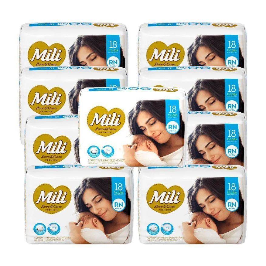Mili Fralda Descartável Love & Care Rn 9 Pacotes C- 18 Fraldas (Total: 162 Fraldas) Premium