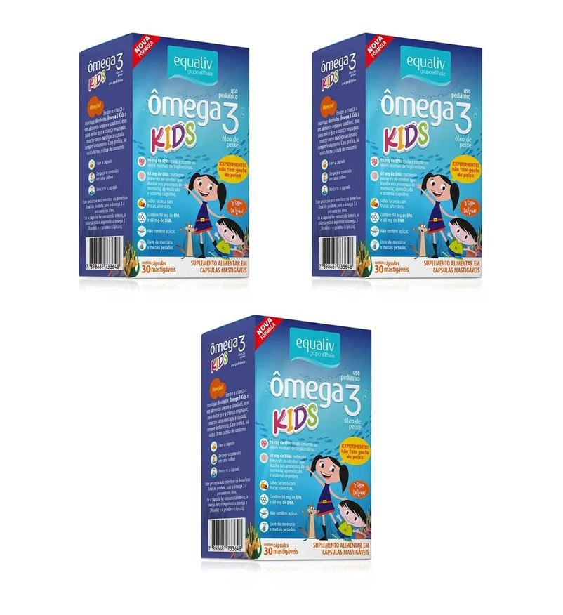 Equaliv Kit 3 Suplemento Ômega 3 Kids Frutas 30 Cápsulas