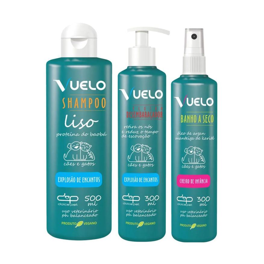 Vuelo Kit Shampoo Liso + Fluído Desembaraçador + Banho a Seco – Cuidados Completos para o Seu Pet