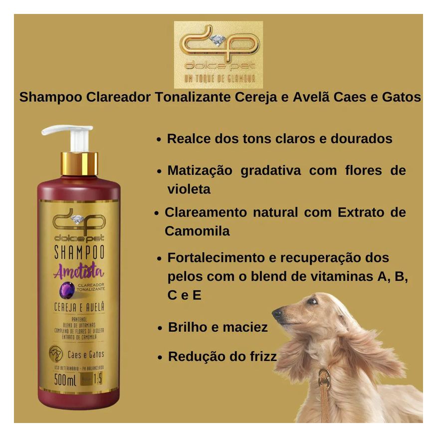 Clareador Shampoo Tonalizante Cereja e Avelã Dolce Pet Cães e Gatos - 500ml