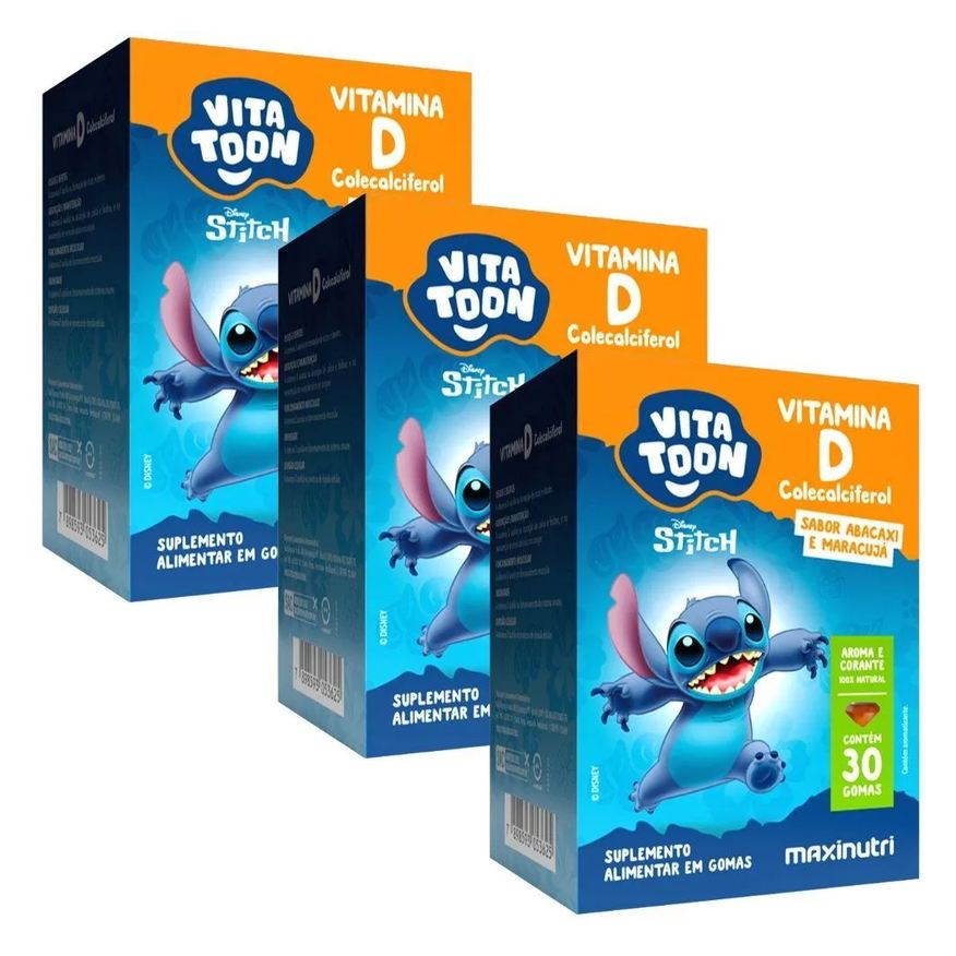 Maxinutri Kit 3X Vitamina D3 Kids Vitatton Stitch 30 Gomas - Abacaxi COM Maracujá