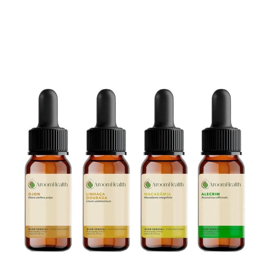 Aroom Health Kit de Óleos Vegetais – Ojon Polpa, Linhaça Dourada, Macadâmia e Alecrim – 20ml Cada