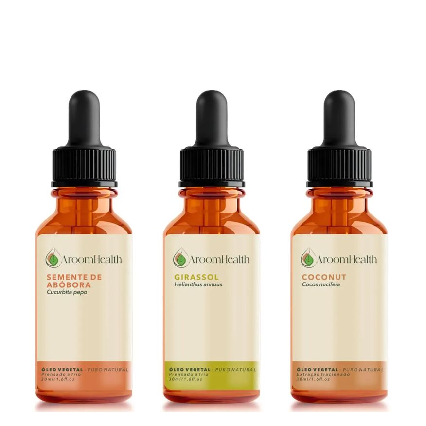 Aroom Health Kit de Óleos Vegetais Puro Natural – Coconut, Girassol e Semente de Abóbora – 30ml Cada