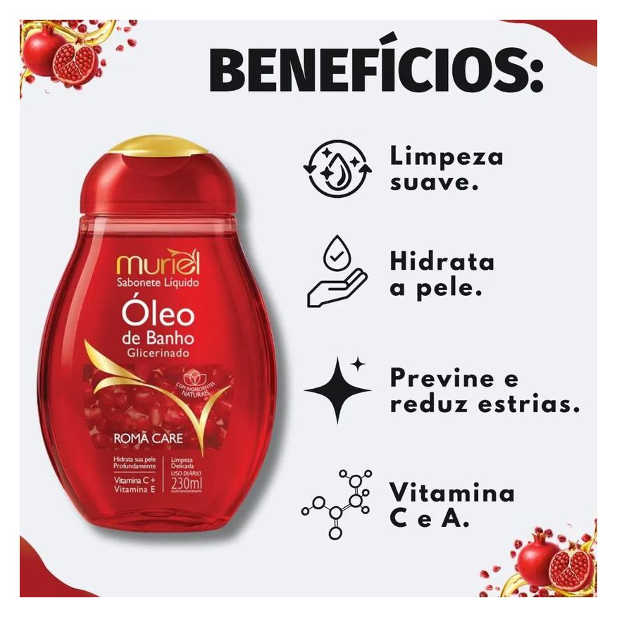 Líquido Sabonete Muriel Óleo de Banho Glicerinado Romã Care 230ml
