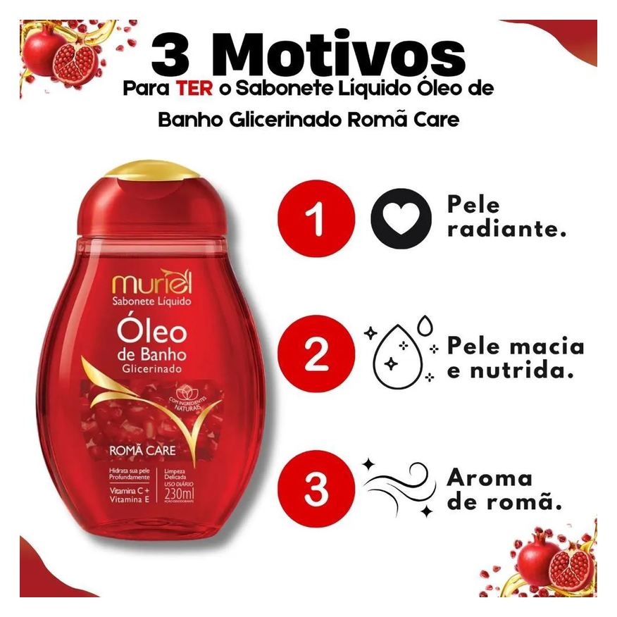 Líquido Sabonete Muriel Óleo de Banho Glicerinado Romã Care 230ml
