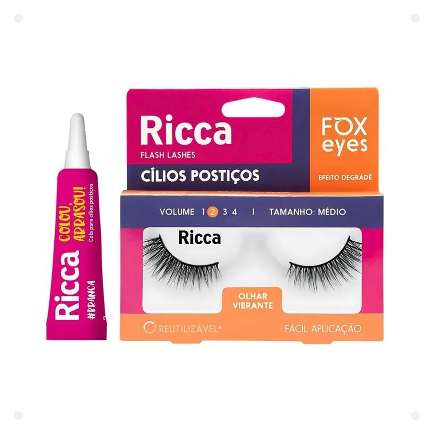 Belliz Cílios Postiços + Cola Branca Ricca Fox Eyes Olhar Vibrante Vol:2 Medio
