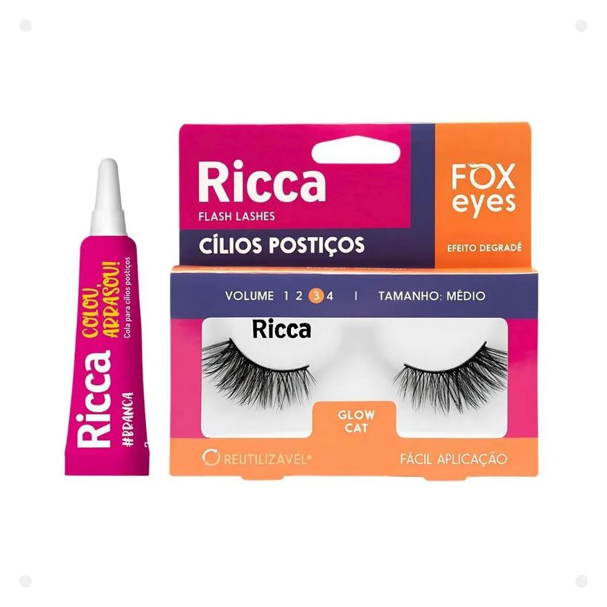 Belliz Cílios Postiços + Cola Branca Ricca Fox Eyes Glow Cat Vol:3 Médio Cód.2694