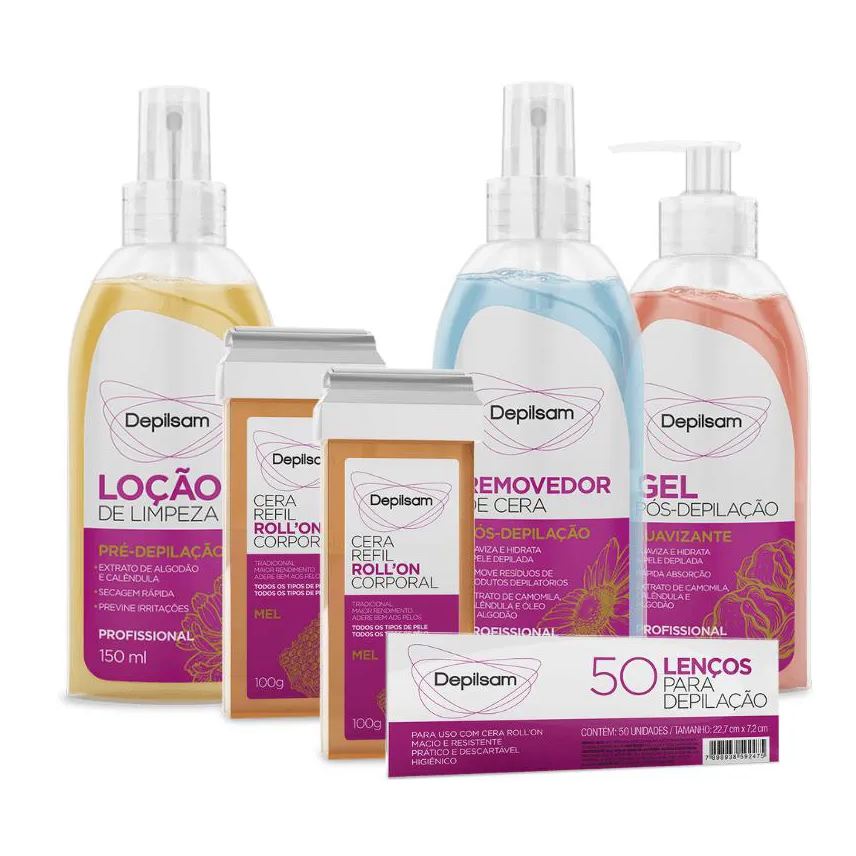 Depilsam Kit Completo Cera Refil Roll-On + Lenços + Removedor de Cera + Loção de Limpeza Pré Depilação + Gel Pós Depilação Mel