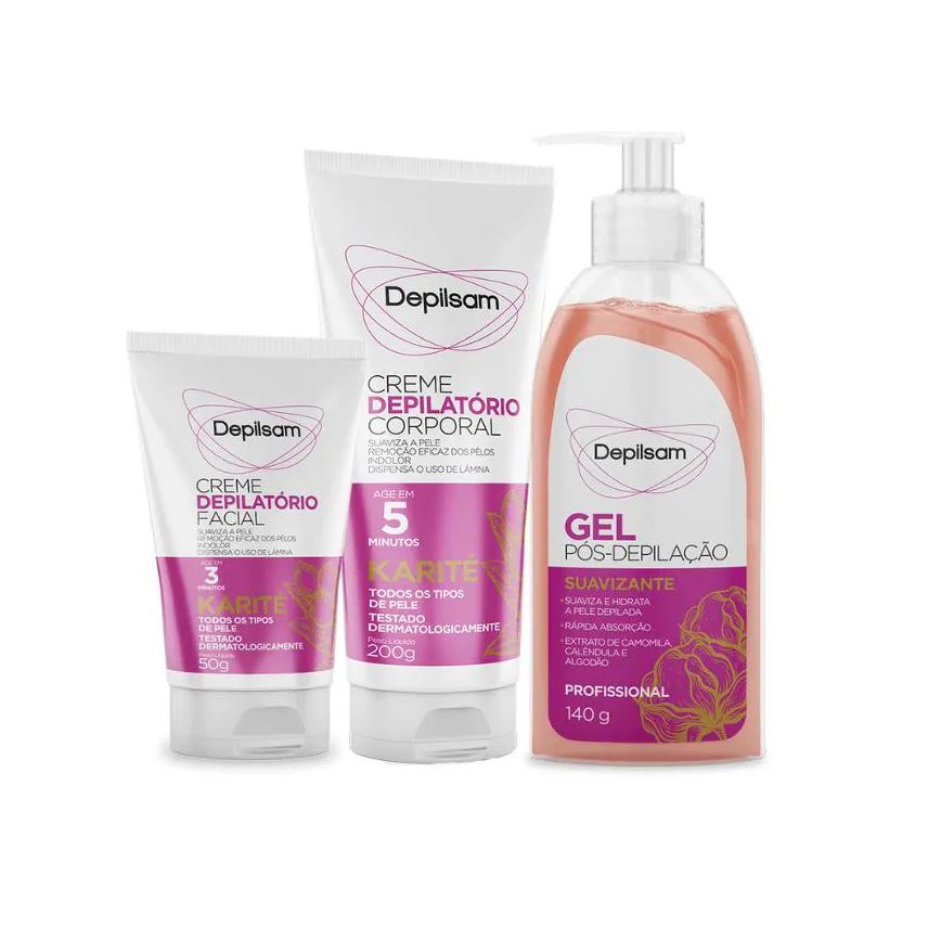 Depilsam Kit Completo Creme Depilatório Corporal + Creme Facial + Gel Pós Depilação Karité