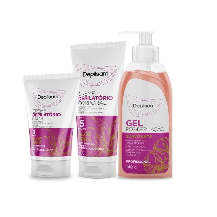 Depilsam Kit Completo Creme Depilatório Corporal + Facial + Gel Pós Depilação Aloe Vera