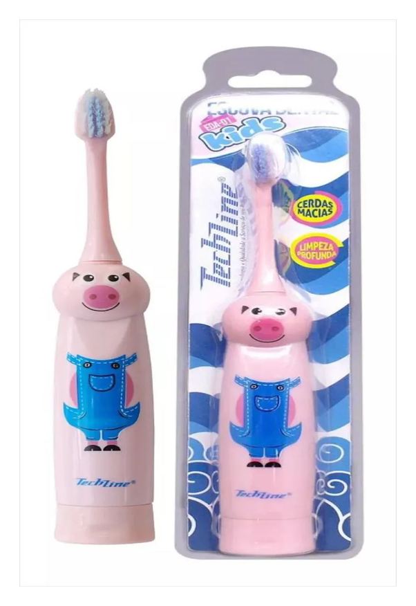 Techline Escova Dental Elétrica Infantil Porquinho Rosa - Eda Kids