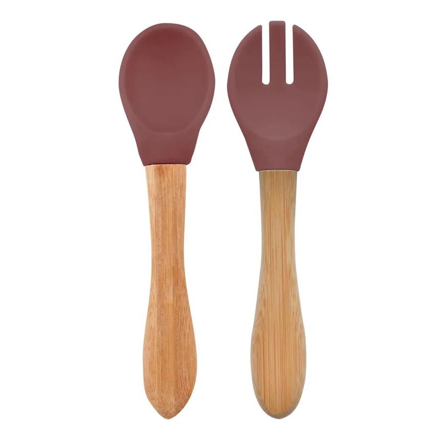 Minikoioi Colher e Garfo Silicone e Bambu Dig In Velvet Rose